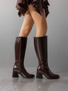 Women's Square Toe Knee High Boots Chunky Heel Side Zipper  Classic Solid Color Fashionable Y2K Party Tall Boots - 巧克力棕 - 查看 4