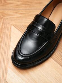 女士圆头平底乐福鞋,厚底复古休闲鞋,学院风学生鞋,春秋季 - 黑色 - 查看 8