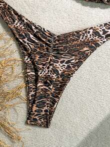 豹纹加大码挂脖比基尼，丁字裤底，高弹力泳衣，女士休闲性感款 - 銅色 - 查看 5
