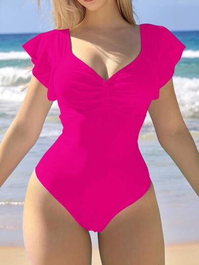 Traje De Baño De Una Pieza Para Mujer,Unicolor Con Busto Fruncido Y Volantes,Diseño Simple Y Elegante Para Vacaciones