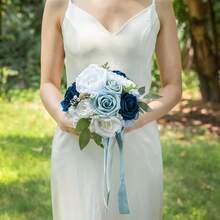 Dusty Blue Wedding Bouquets For Bride Bridesmaid, White Wedding Artificial Roses Flowers For Wedding Bouquets Ceremony, Anniversary - Dusty Blue - View 3