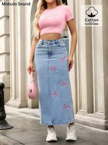 Mobula Sound Mid-East Spring & Summer Y2K Sexy Music Festival Student/Collegiate Versatile Casual Vacation Fashion Cute Bow Embroidery Figure-Flattering Denim Maxi Skirt - Blue - View 2