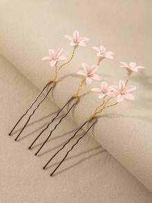 3PCS Soft Pink Handmade Ceramic Clay Flower Simple Hairpin, Suitable For Wedding, Daily Versatile Summer Hair Accessories - Pink - View 3