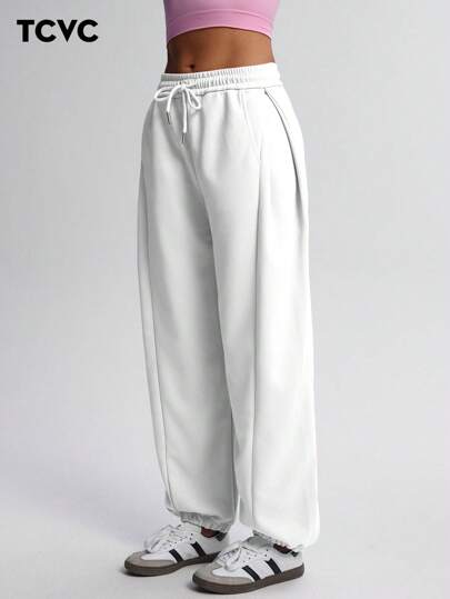 TCVC 女士休闲高腰抽绳宽松慢跑裤，高弹力腰带，宽松舒适，适合运动、休闲穿着、返校季、秋冬季紧身裤