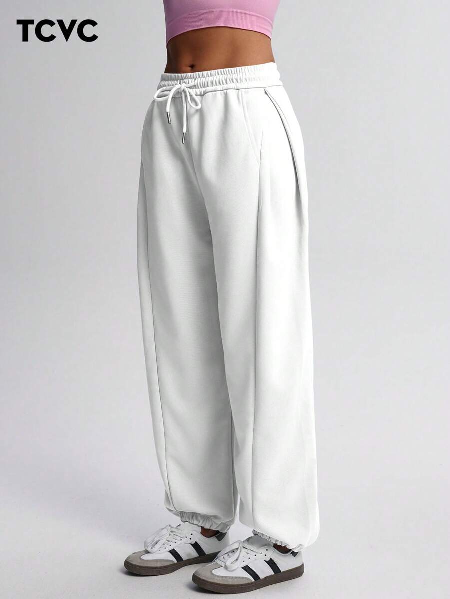 TCVC 女士休闲高腰抽绳宽松慢跑裤，高弹力腰带，宽松舒适，适合运动、休闲穿着、返校季、秋冬季紧身裤 - 白色 - 查看 1