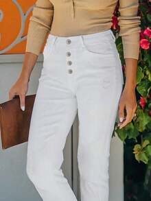 Women's Front Single Button Pocket Casual Minimalist Ripped Slim Fit White Jeans - 白色 - 查看 3
