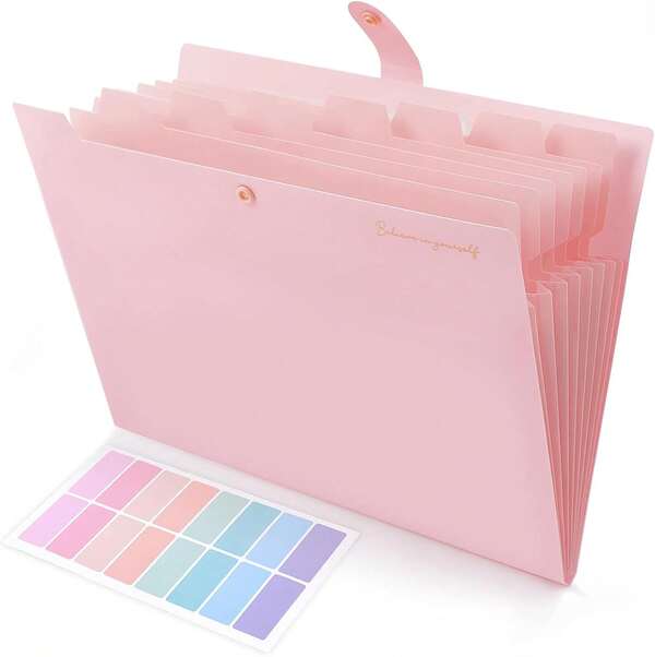 SKYDUE Expanding File Folder, Accordion File Organizer With 8 Pocket & Inner Card Pocket, Expandable Document Paper Receipt Holder School Office Hospital, Letter/A4 Size Pink