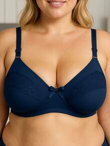 Plus Size Bra Without Reinforced Pads Satin Support - 藏蓝色 - 查看 2