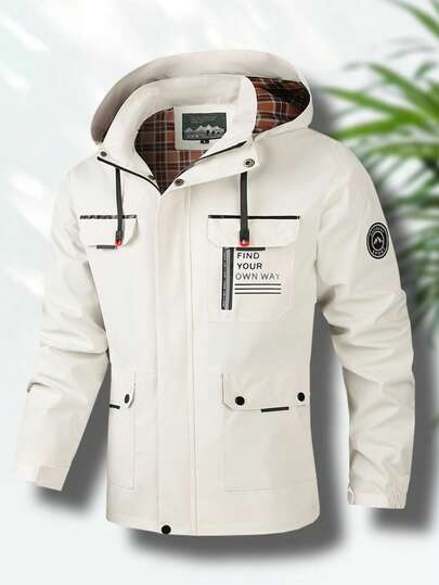 1pc Men's Outdoor Casual Sports Climbing Letter Print Jacket, Hooded Windbreaker, Autumn