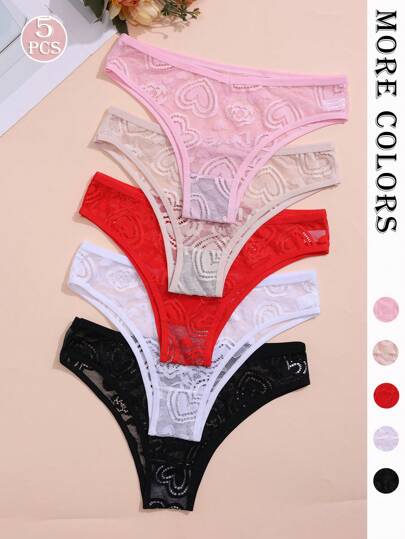 5 piezas/paquete Ropa interior de encaje para mujer, calzones cómodos de cintura baja románticos