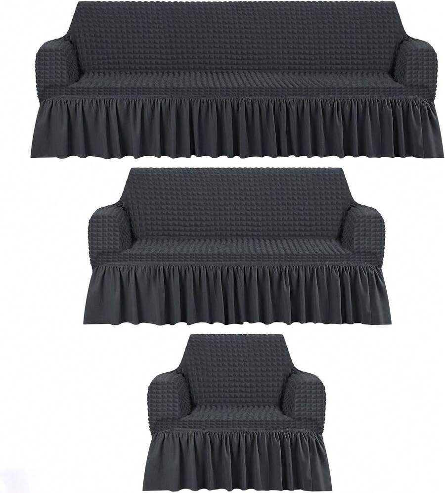 AMOROSA 3 Pieza Funda Cubre Sala con Falda Tipo Plumeti Funda de Sofá Lavable Elástica Fácil de Instalar Fundas para Sillones Sala  (1 plaza, 2 plazas, 3 plazas) Decoración Sala Gris Oscuro