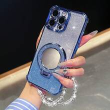 粉色镜面元素支架新款17寸防震手机壳+亮粉色串珠挂绳+亮粉色圆形化妆镜+磁吸支架三合一手机壳,兼容 17 Pro/16 Pro Max/Air,Galaxy S25/S25 Plus/S25 Ultra A07 A17 XM HW A5/春季礼物生日派对,国际版,非国内版 - 藍色 - 查看 3