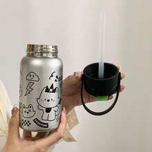 1 pezzo Bottiglia d'acqua isolata in acciaio inossidabile con manico in silicone con stampa 3D carina, grande capacità