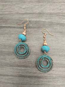 1 paire de boucles d'oreilles circulaires vintage bohèmes creuses en faux turquoise, un cadeau de bijoux convenant pour le port quotidien et les jours fériés pour les femmes