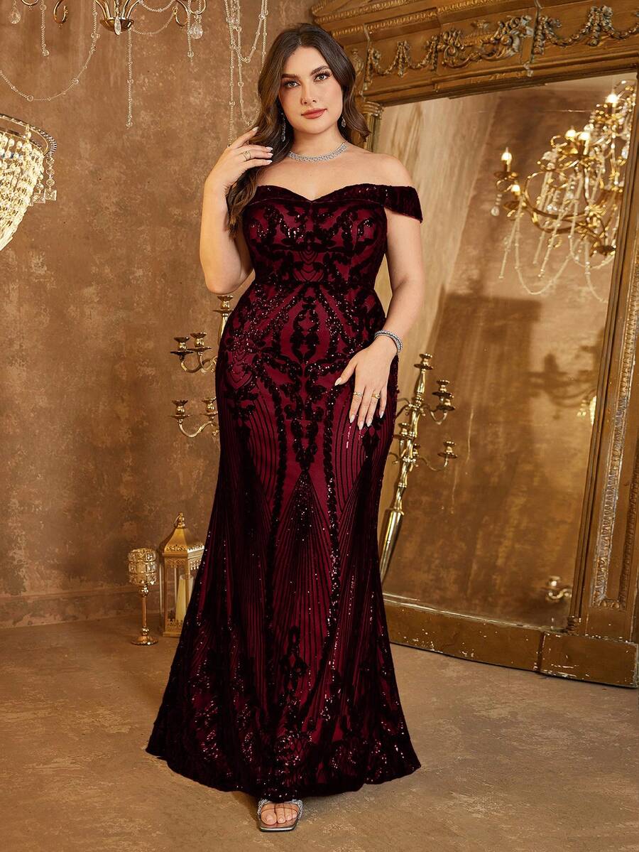 UNITHORSE Plus Size Women Off Shoulder Backless Dress, Glitter Sequins Decoration, Elegant Evening Party Dress, Bride Dress, Birthday Outfits, Graduation Dress, Formal Dress, Fall Women Clothes - 酒紅色 - 查看 1
