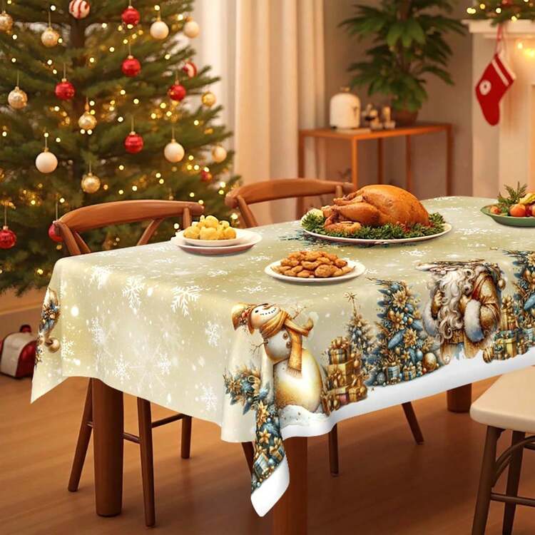 1pc Christmas Theme Polyester Tablecloth, Round Diameter 145cm (57.08inch), Rectangular 140x180cm (55.11inch X 70.87inch), Gold Christmas Round Polyester Tablecloth, Cute Snowman Santa Claus Golden Christmas Tree Pattern Tablecloth, Holiday Dining Table Cloth, Christmas Decoration, Christmas Party Home Gathering Decor Tablecloth. - Multicolor - View 6