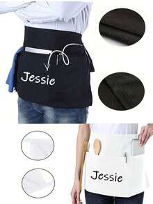 1Pc Personalized CustomUnisex Polyester Apron With 3 Pockets - Customizable Short Half Waist Waiter Work Uniform Hair Stylist Black Apron Hairdresser Beauty Salon Cosmetologist Cosmetology School Barber Gift Custom,For Kitchen, Hotel, Restaurant, Cooking, Baking, And Chef Use, Perfect For Personalized Text Or Logo, Custom Cooking Utensils With Text And Personalized Photo,Washing Gloves