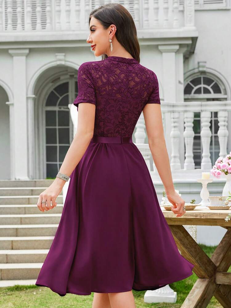 MIUSOL Floral Lace High Neck Side Ruffle Chiffon Cocktail Party Swing Dress - Maroon - View 2