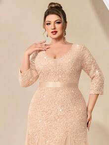 大码深V领亮片花卉蕾丝网纱美人鱼长裙，适合婚礼宾客、生日、家庭聚会、节日、毕业典礼等场合，尽显春季优雅气质。 - 香檳色 - 查看 8