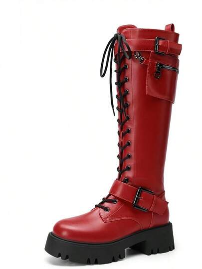 Women's Combat Riding Platform Knee High Boots, Lace Up Fall Lug Sole Gothic Motorcycle Boots With Inside Zipper, 2025 Style