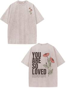 You Are So Cute, Combining Retro And Street Style, Classic Retro Fashion Casual Beautiful Flowers And Popular Letter Pattern Printed Boutique 230g Washed Cotton T-Shirt, Men's Summer High-Quality Retro Fashion Brand Loose, Soft And Comfortable Apricot Casual T-Shirt, Suitable For Outdoor Wear In Summer, With A Certain Thickness, Daily Wear And Friend Gifts, Back To School Gifts. - 杏色 - 查看 1