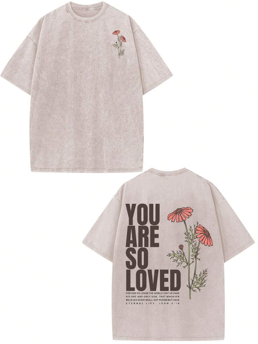You Are So Cute, Combining Retro And Street Style, Classic Retro Fashion Casual Beautiful Flowers And Popular Letter Pattern Printed Boutique 230g Washed Cotton T-Shirt, Men's Summer High-Quality Retro Fashion Brand Loose, Soft And Comfortable Apricot Casual T-Shirt, Suitable For Outdoor Wear In Summer, With A Certain Thickness, Daily Wear And Friend Gifts, Back To School Gifts. - 杏色 - 查看 1