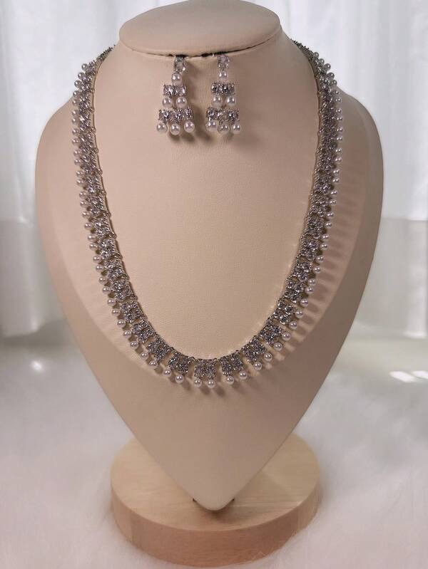 1 Set Zirconia & Pearl Jewelry Set, Suitable For Women To Pair With Wedding Dress, 2pcs