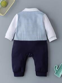 Baby Boy Plaid 2 In 1 Long Sleeve Gentleman Romper, Blue - Blue - View 2