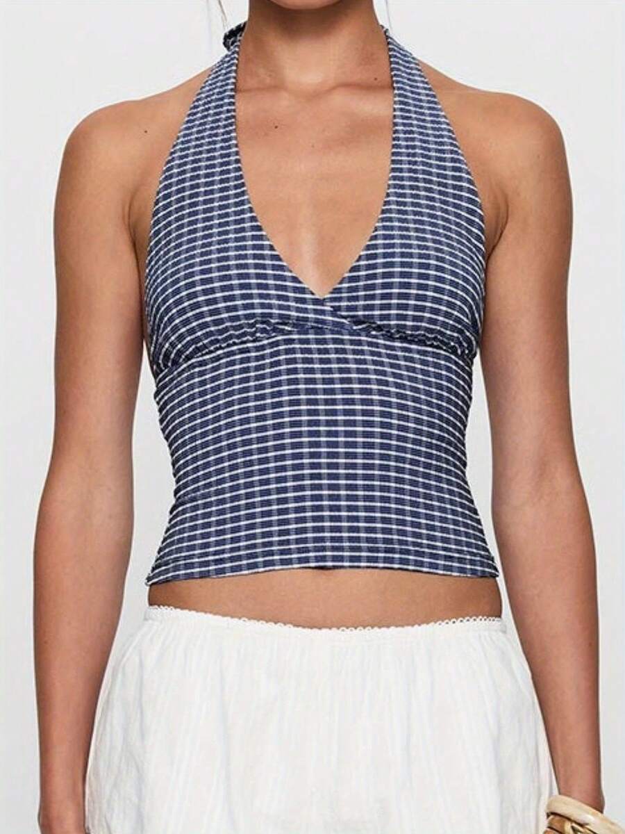 Women's Halter Neck Vest Summer Sleeveless Open Back  Plaid Party Tank Tops - 藏青色 - 查看 1
