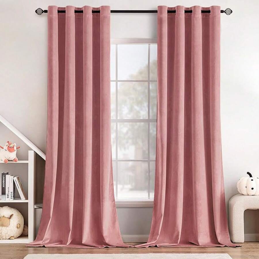 2 Panels Blackout Curtains Solid Soft Grommet Mustard Yellow Thermal Insulated Soundproof Room Darkening Curtains/Drapes/Panels Fall Living Room Bedroom 52 X 90 Inch - 腮紅粉紅 - 查看 1