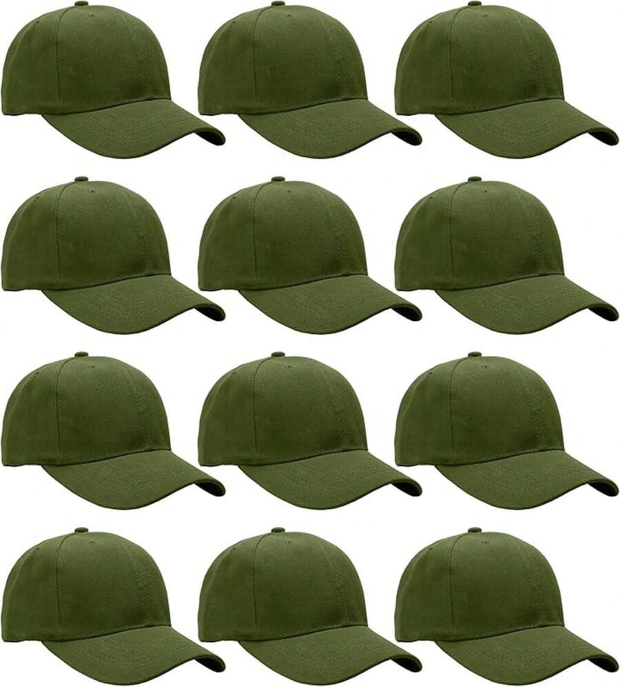 Bulk Lot 12-Pack Adjustable Size Plain Blank Solid Color Baseball Caps - Army Green - View 1
