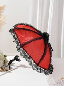 1pc Women Cute Sweet Lolita Lace Trim Straight Handle Parasol, Suitable For Wedding, Anime, Cosplay