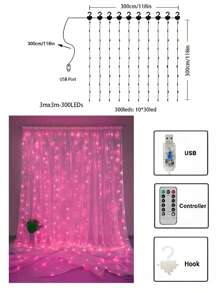 1 件 LED 铜线窗帘灯串 3*1 米 /3*2 米 /3*3 米 USB 遥控器带挂钩房间装饰灯氛围彩色灯串，情人节氛围装饰，适用于家庭、派对、节日、婚礼、生日、乡村、节日、季节性装饰、新年、春节 - 白色 - 查看 23