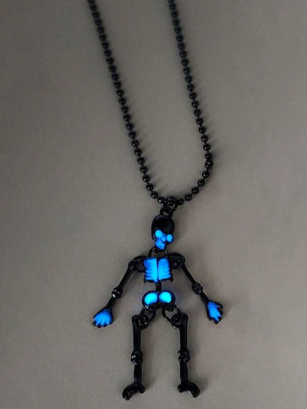 1PC Halloween Luminous Skeleton Pendant Necklace Punk Men Stainless Steel Adjustable Skull Ghost Cosplay Party Jewelry For Boyfriend Birthday Anniversary Gifts