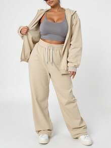 Winterlicher Damen Sportanzug in Große Größen, Kapuzenjacke + weite Jogginghose, apricotfarbenes Sportset geeignet für Sport, Fitness, Outdoor-Aktivitäten, Sportbekleidung in Große Größen, Gym-Outfit, Trainingsanzug