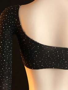 [Sensual Bodysuit] Glamorous Black Mesh Bodysuit With Rhinestone Details | Hollowed-Out Long Sleeve Lingerie For Women, Erotic One-Piece Costume, Hand Washable, High Cut Design, Special Occasions - 黑色 - 查看 4