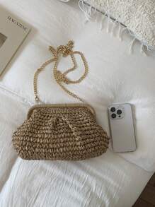 Bolso cruzado de mujer de verano de paja trenzada con borla y cadena, bolso de playa tejido con correa para el hombro, cartera hecha a mano, 1 bolso de embrague de paja trenzada de color beige claro para mujer, bolsas de playa, artículos esenciales para vacaciones, perfecta opción para damas de moda, ideal para el verano.