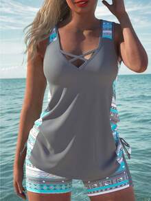 Ladies Sexy Solid Color Tank Top Split Two Piece Set - Dark Grey - View 3