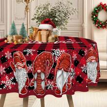 1 pieza Mantel de poliéster con tema navideño, diámetro redondo de 145cm (57.08 pulgadas), rectangular de 140x180cm (55.11 pulgadas x 70.87 pulgadas), mantel con gnomos navideños y cuadros escoceses rojos, decoración central de mesa navideña, decoración para ambiente de fiesta navideña y reunión familiar