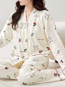 [PONX]2pcs Women V-Neck Pajama Set, Long Sleeve Top And Pants, Soft Homewear For Spring And Autumn, Fall Winter Clothes - Beige - View 3