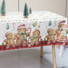 1 pieza Mantel de plástico con tema navideño, 137*220cm Cubierta de mesa para fiesta de Navidad - Diseño de hombrecillo de jengibre y árbol de Navidad | Mantel de plástico desechable, decoración de mesa de comedor navideña, decoración navideña