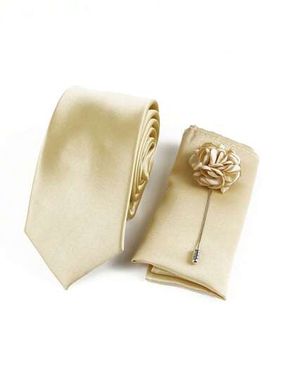 ZLQ&GOU 3pcs Gold Solid Color Men's Tie, Handkerchief & Lapel Pin Set, Polyester Material Accessories Suitable For Wedding, Business And Casual Occasions