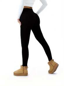 1pc Pocket Autumn And Winter Women's Sports Leggings, Warm And Thick Fleece Leggings Suitable For Skiing, Outdoor Leisure, Sports, Very Good Women's Trousers In Winter - 黑色 - 查看 5