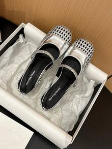 Xin Jing Shoes 女士编织圆头带粗跟穆勒鞋，休闲及办公场合皆宜，优雅玛丽珍鞋款，派对必备 - 銀色 - 查看 9