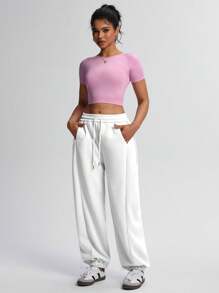 TCVC 女士休闲高腰抽绳宽松慢跑裤，高弹力腰带，宽松舒适，适合运动、休闲穿着、返校季、秋冬季紧身裤 - 白色 - 查看 2