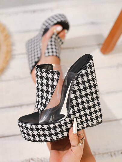 EU35-42 Transparent TPU Houndstooth Patchwork Open Toe Platform Super High Heel Fashion Sandals For Women