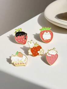 Set de 5 broches de conejo con fresa de aleación de zinc esmaltada, accesorios de broche versátiles como regalo - Multicolor (juego de 5 piezas) - Ver 4