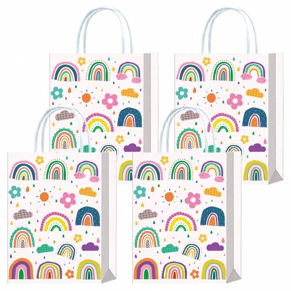 8,26 x 5,9 x 3,14 pouces, 4 pièces/paquet, sacs-cadeaux de fête à motif arc-en-ciel, sacs fourre-tout en papier kraft imprimés de couleurs vives, sacs en papier d'emballage, sacs de rangement, sacs-cadeaux de fête