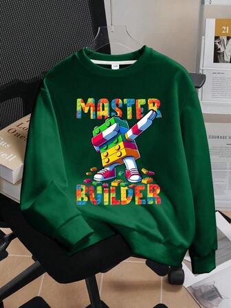 Tween Boy Casual Simple Cool Building Block Robot Pattern Pullover Round Neck Long Sleeve Sweater Autumn And Winter New Boys Clothes Kids