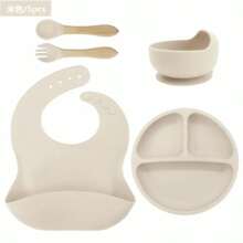 8pcs/6pcs/5pcs/4pcs Silicone Feeding Set, Including Suction Cup Bowls, Forks, Spoons, Bibs And Cups, Develop Self-Feeding Skills, Dishwasher Friendly, Suitable For 6 Months And Above